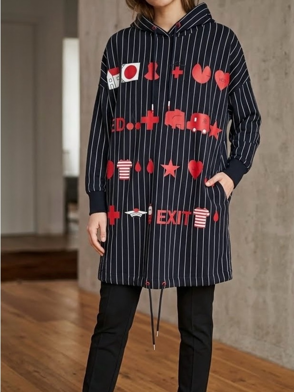 Vintage United Colors of Benetton Oversized Graphic Pinstripe Hoodie Dress